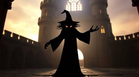 A captivating photograph showcasing a classic Disney villain casting a spell within the aged walls of an old castle. The imag