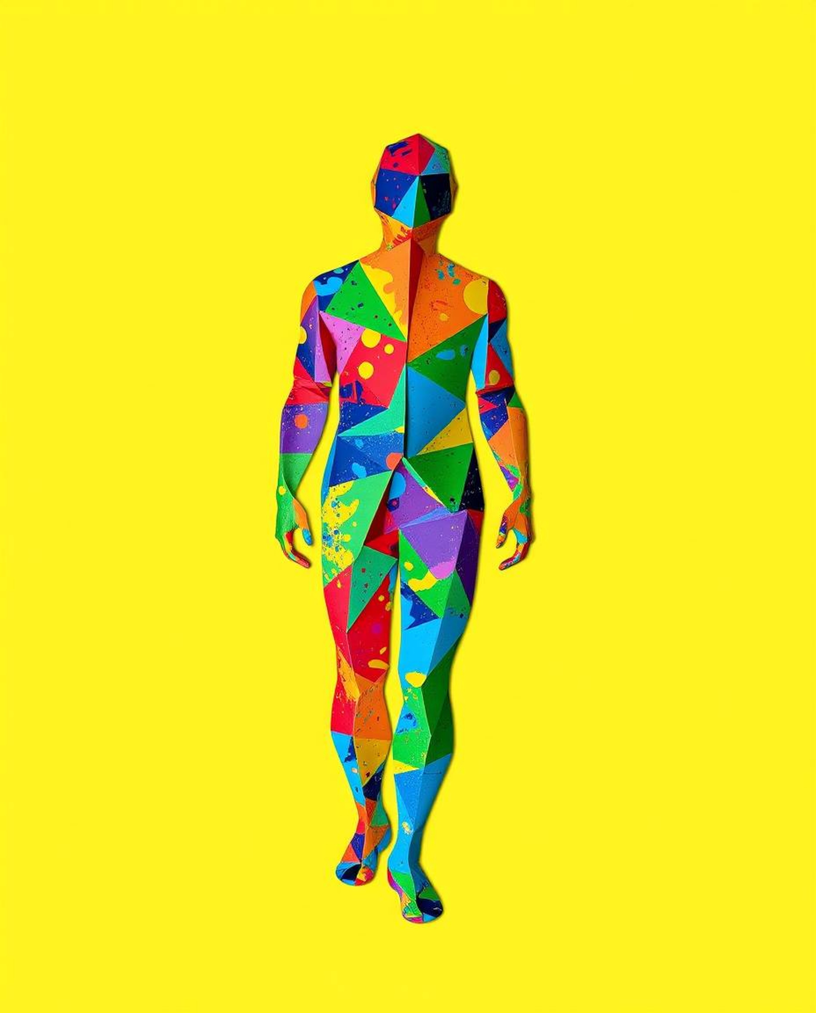 A captivating artwork featuring a human silhouette dynamically composed of colorful splash patterns, rendered in a bright and
