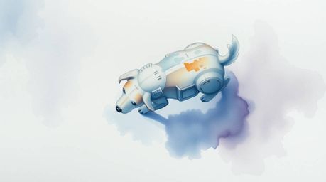 Experience a unique perspective with this delicate watercolor painting showcasing a futuristic dog walking itself in space. T