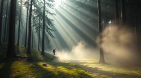 Experience a breathtaking chase scene through a mesmerizing looping forest backdrop.  Rendered with smooth volumetric lightin