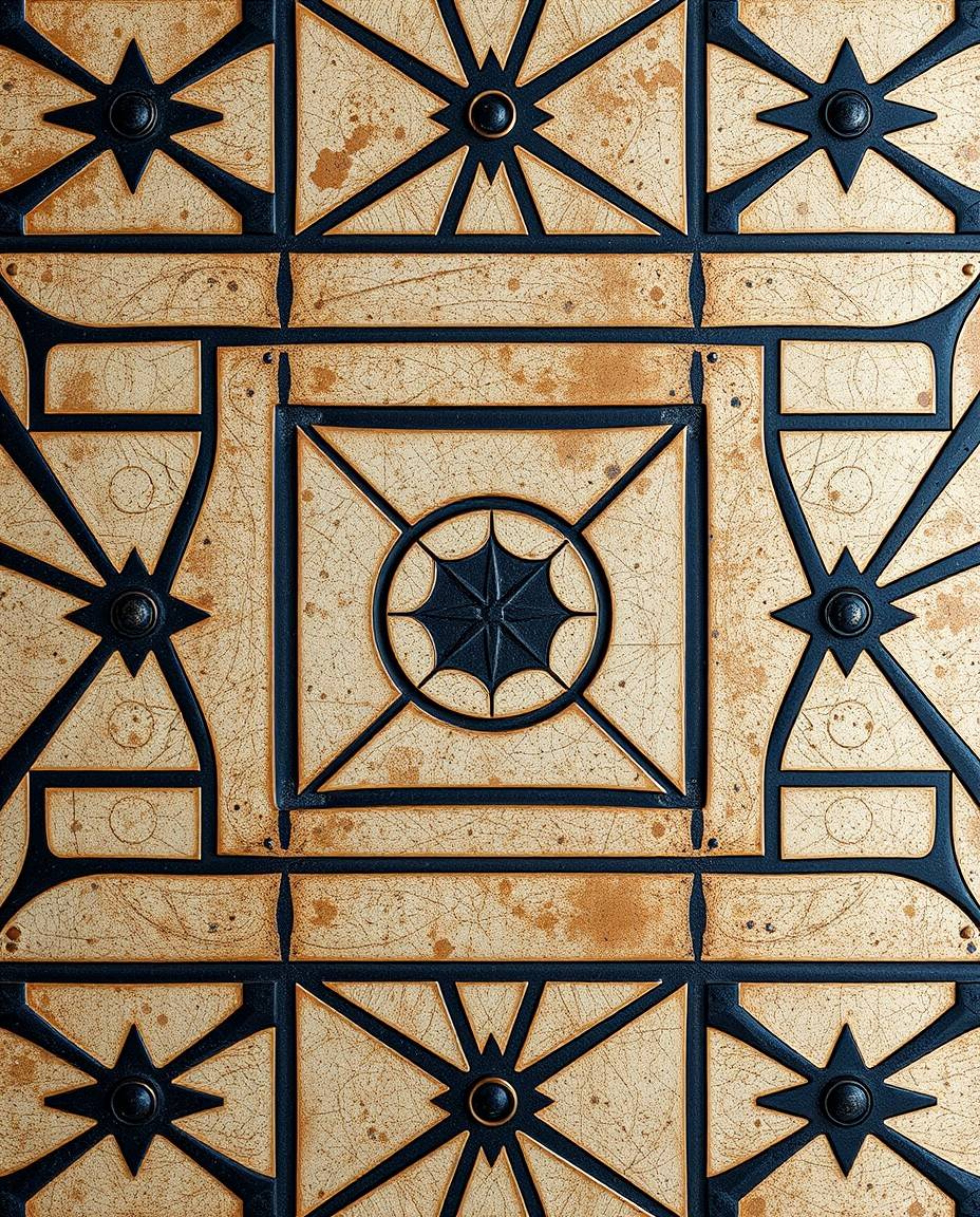 This cast bronze surface image showcases a striking black and white geometric pattern, creating captivating optical illusion 