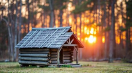 Experience the serene beauty of an old wooden cabin nestled in the woods during a picturesque sunset. The image features a sh