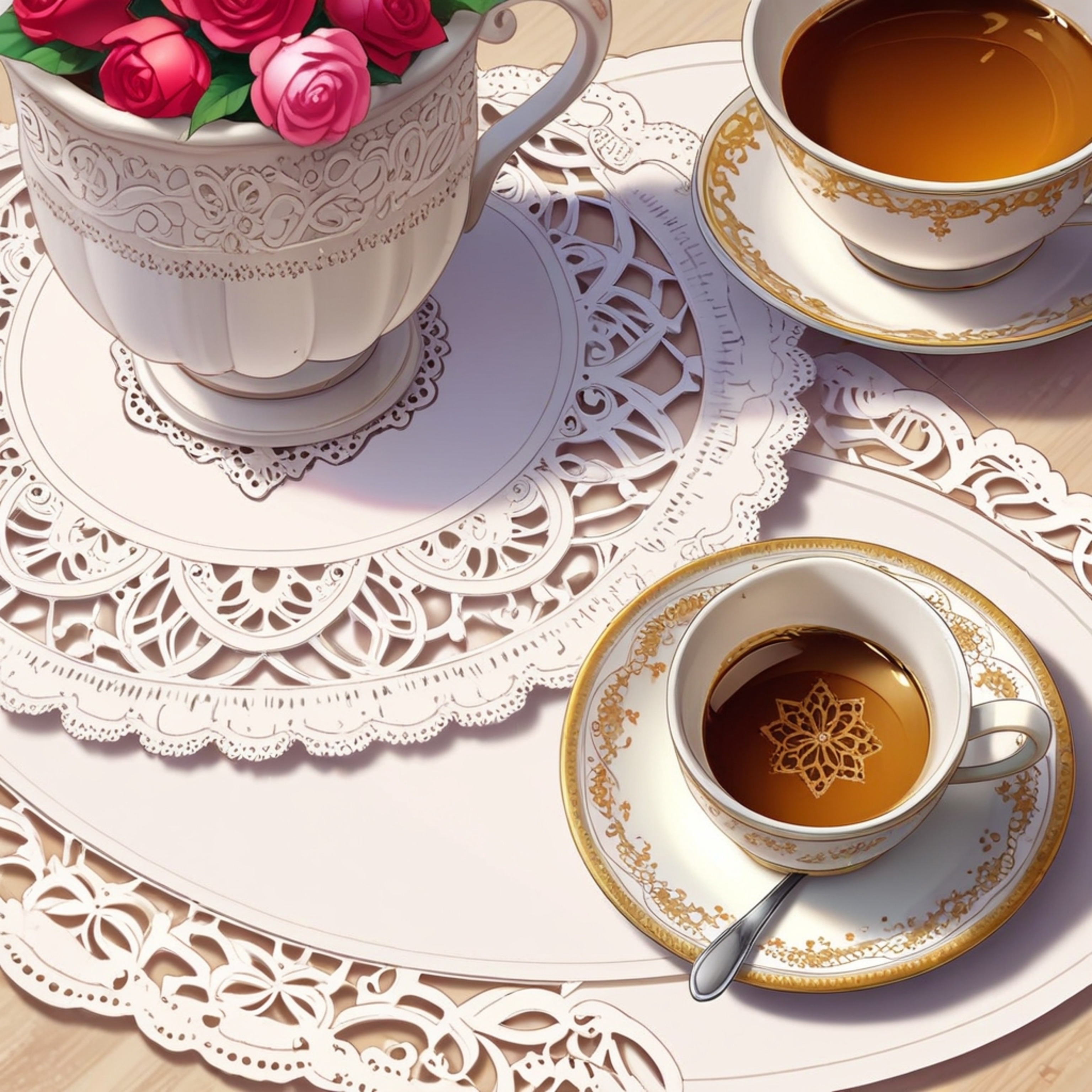A delicate lace doily provides a charming base for an antique tea cup and saucer, creating a picture of classic elegance. Thi