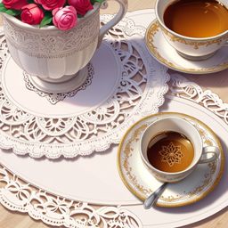 A delicate lace doily provides a charming base for an antique tea cup and saucer, creating a picture of classic elegance. Thi