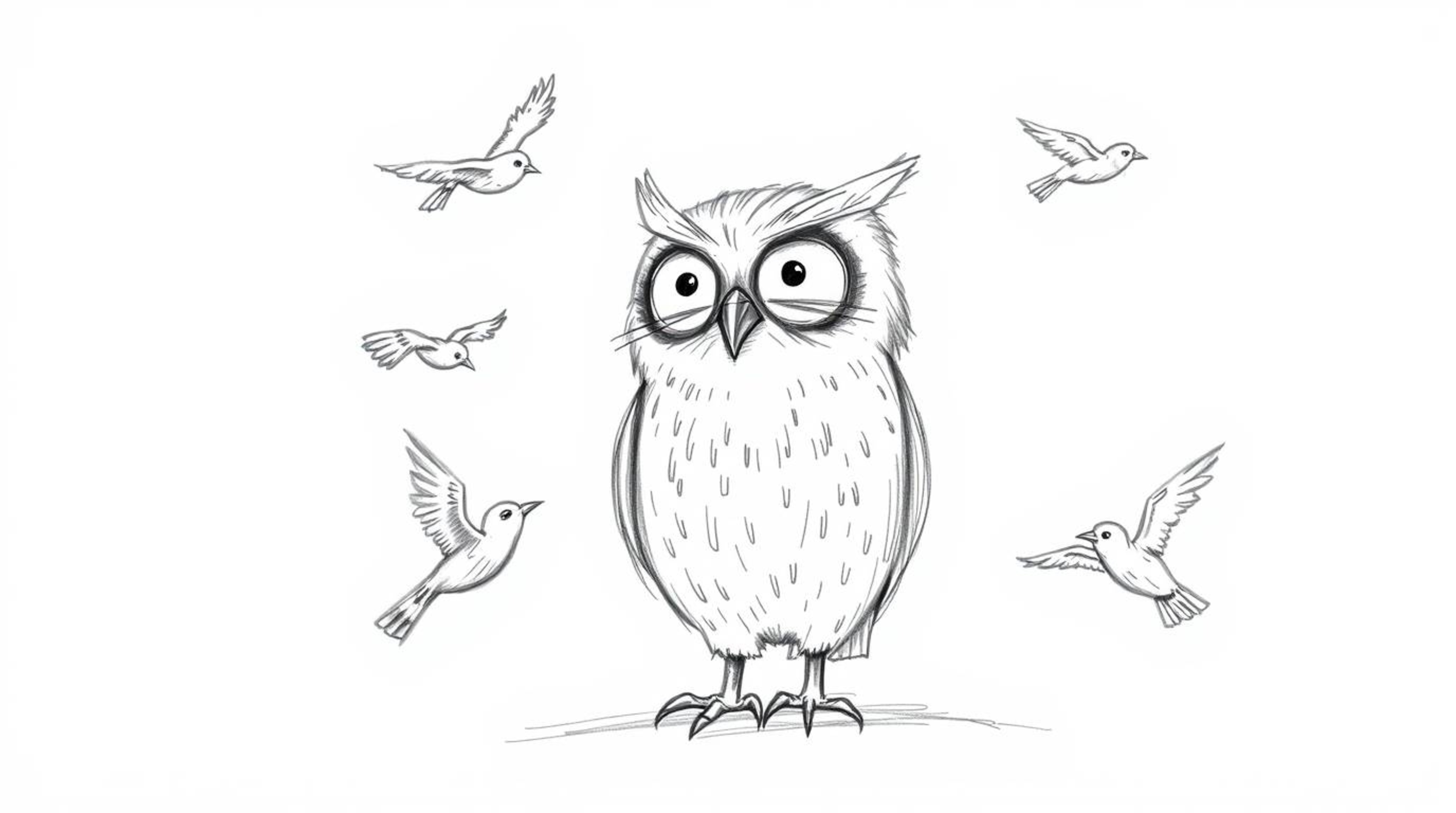 This hand-drawn sketch in Pixar style depicts a blind owl with expressive lines and textured pencil strokes, teaching birds h