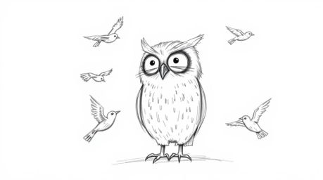 This hand-drawn sketch in Pixar style depicts a blind owl with expressive lines and textured pencil strokes, teaching birds h