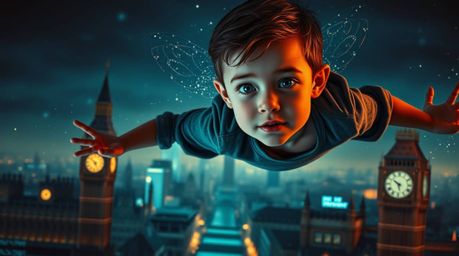 A captivating image depicts a young boy with delicate features soaring through the twilight London sky, sprinkled with shimme