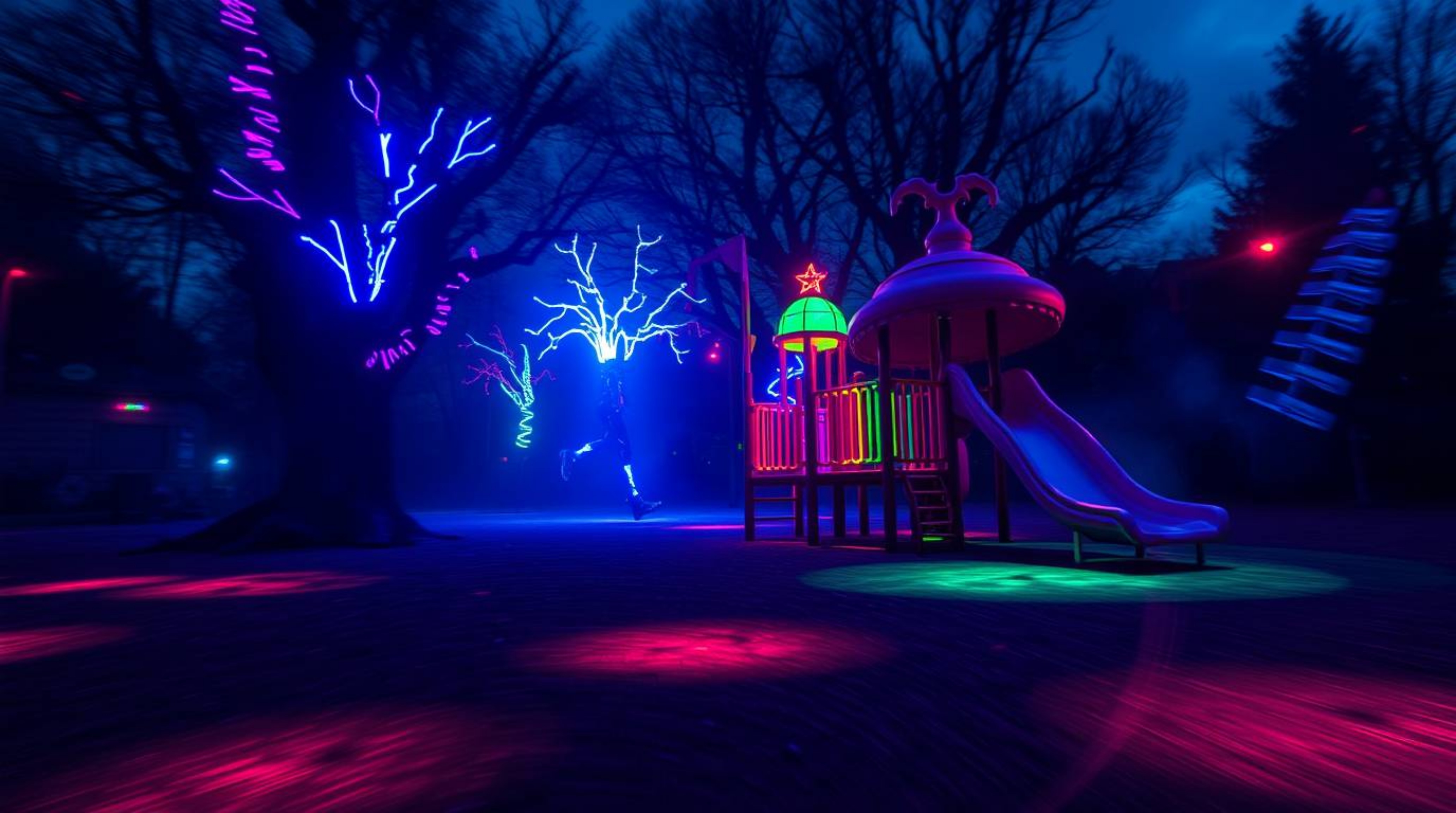 Experience a dreamlike and surreal playground scene in dramatic slow motion. Glowing bioluminescent colors illuminate fantast