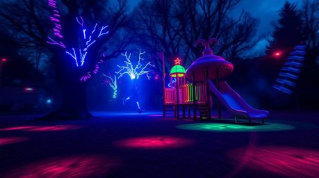 Experience a dreamlike and surreal playground scene in dramatic slow motion. Glowing bioluminescent colors illuminate fantast