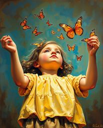 This stunning oil painting captures a moment of pure serenity, depicting a girl releasing butterflies into the air from a low