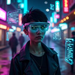 A captivating vision of a futuristic hacker is presented, showcasing short, spiky black hair, piercing green eyes, and sleek 