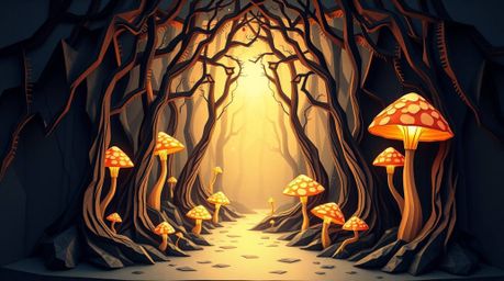 Discover a mesmerizing origami-style illustration of a vintage enchanted forest.  Glowing mushrooms and a soft, ethereal aura