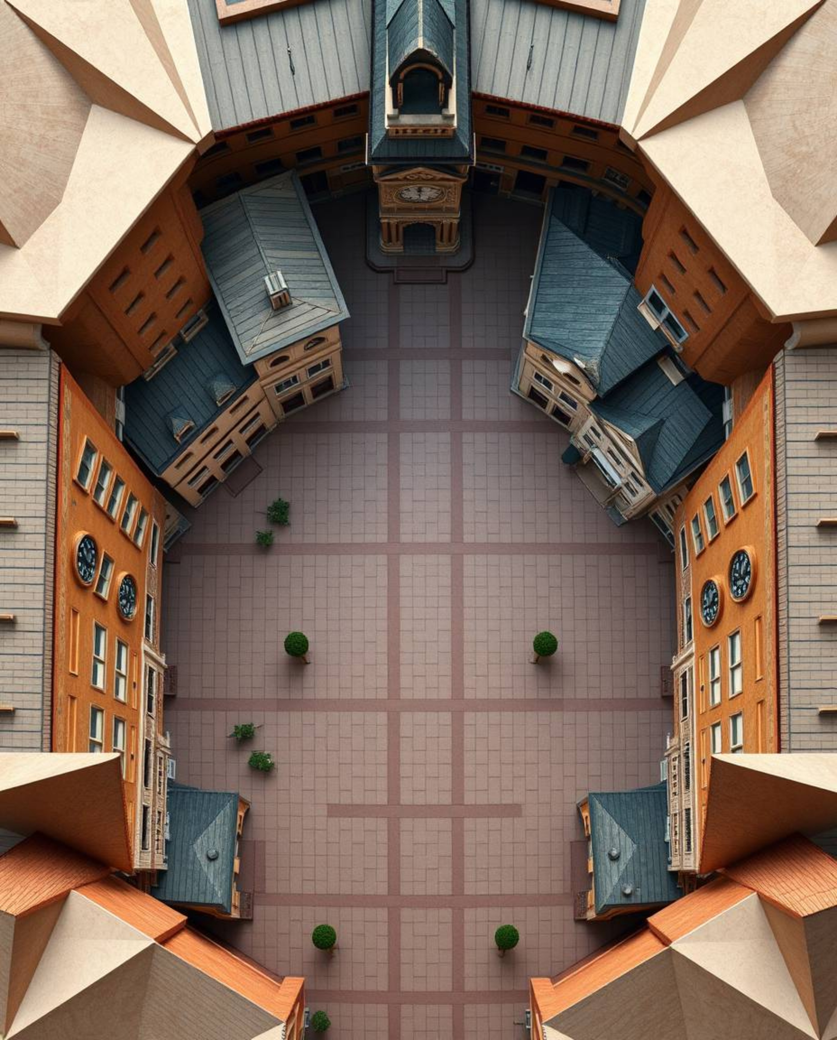 A unique origami-style bird's eye view of an empty town square featuring ticking clocks, showcasing a folded paper aesthetic 