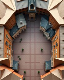 A unique origami-style bird's eye view of an empty town square featuring ticking clocks, showcasing a folded paper aesthetic 