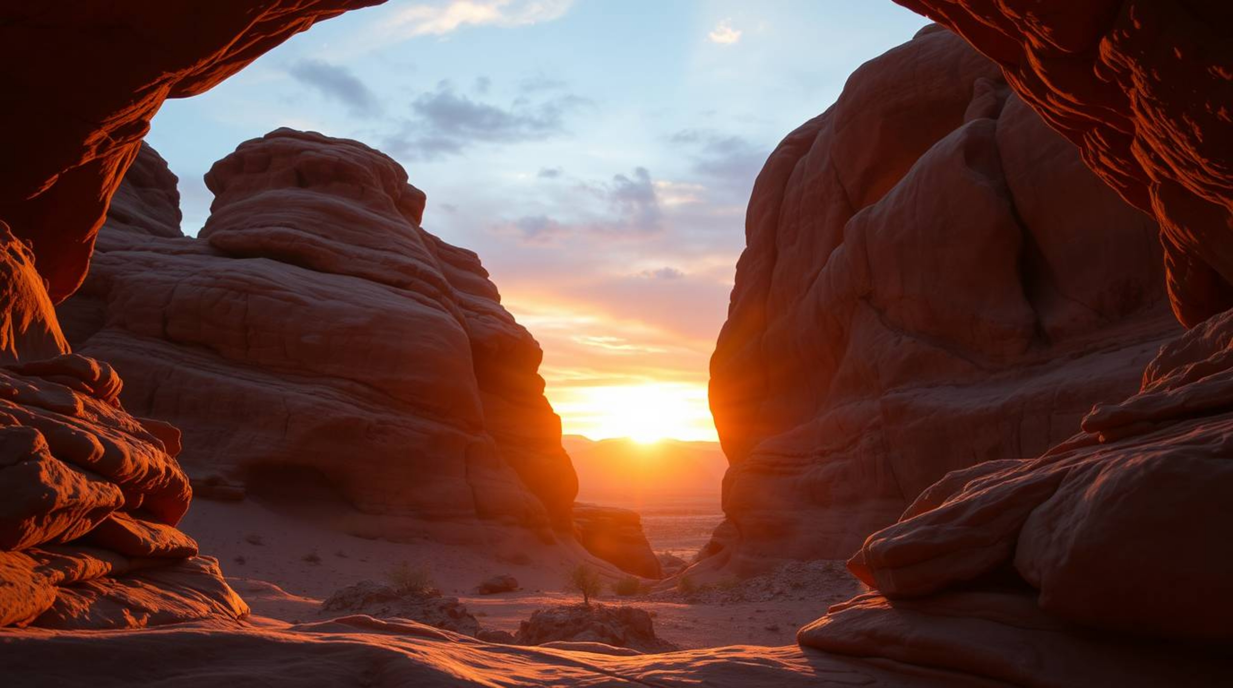 Capture the intense beauty of a desert landscape with soft pastel sunset colors filtering through a natural rock arch.  This 