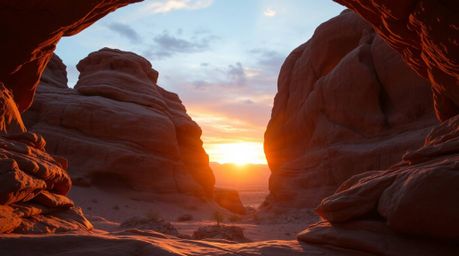Capture the intense beauty of a desert landscape with soft pastel sunset colors filtering through a natural rock arch.  This 