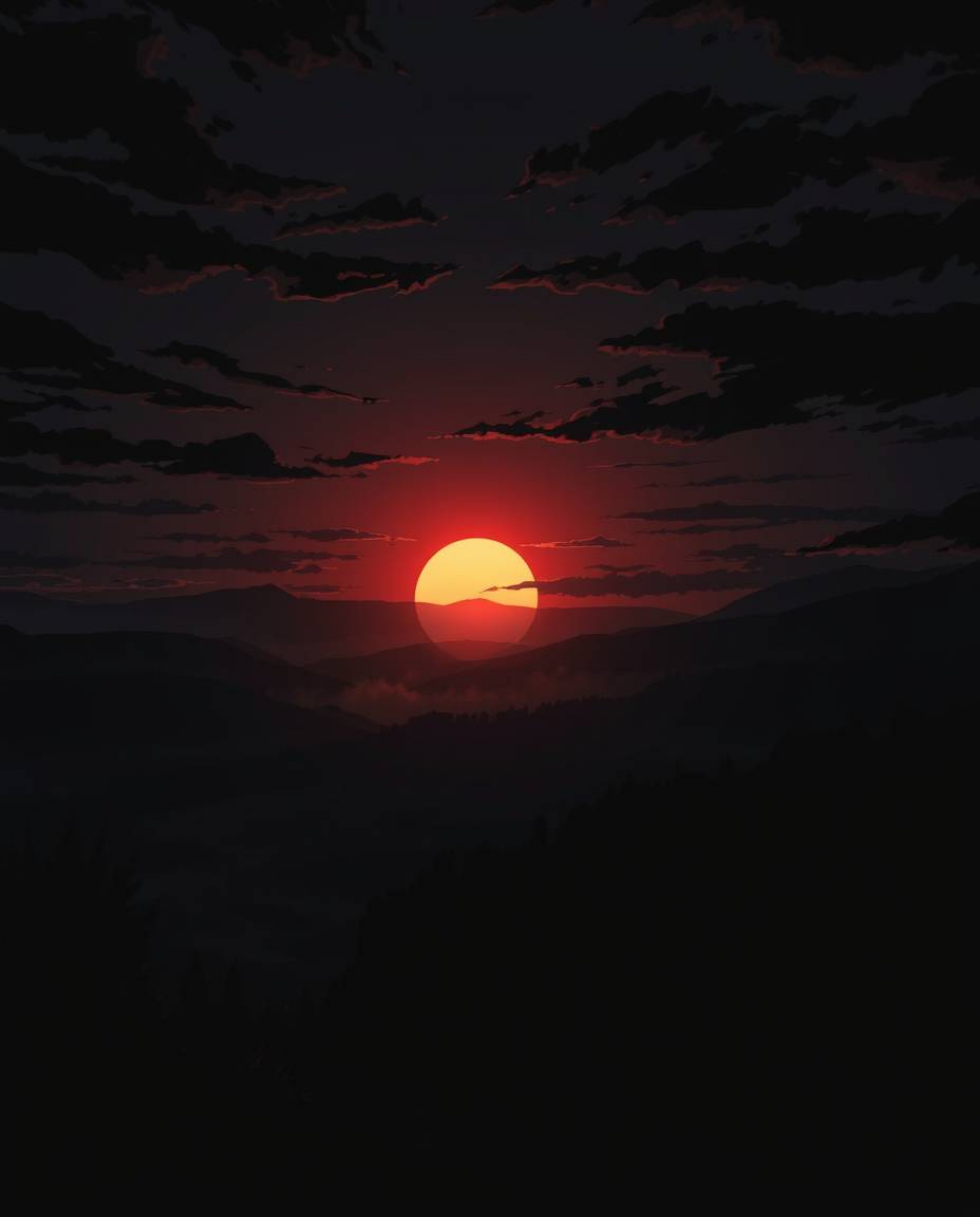 This is an Isekai anime style illustration capturing an intensely black sunset over the misty, rolling hills of Tuscany. The 