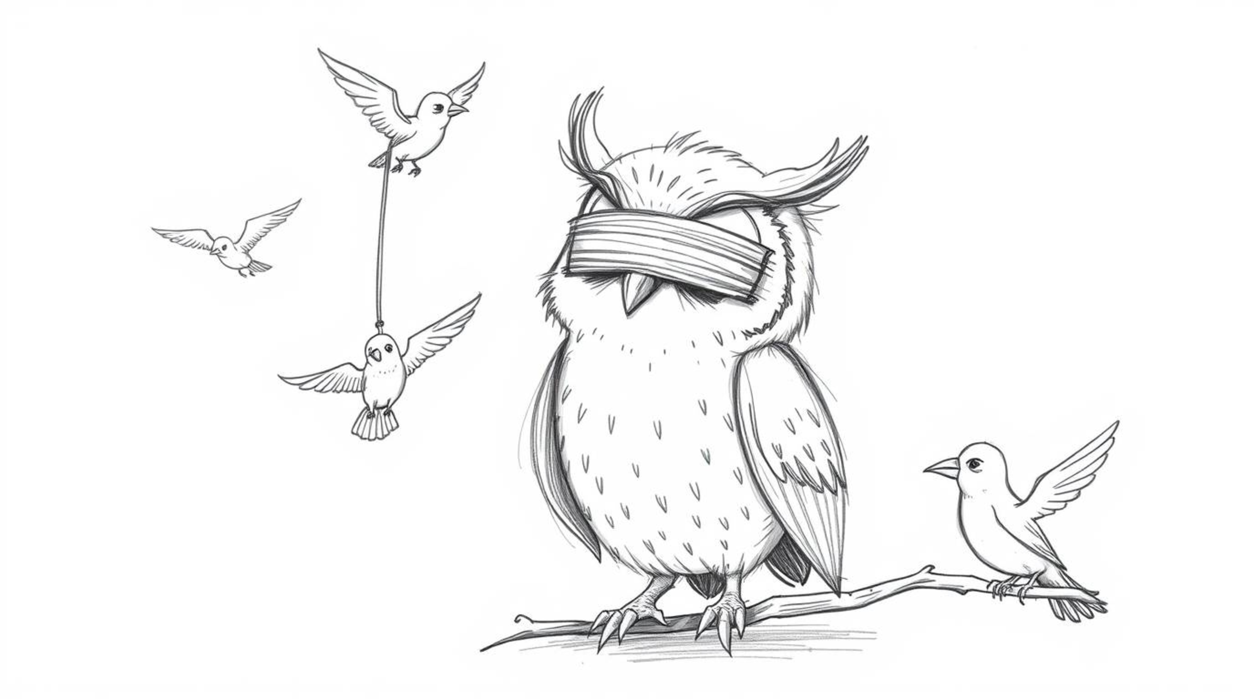 A heartwarming hand-drawn sketch in the style of Pixar depicts a wise, blind owl with soft, rounded features guiding birds in