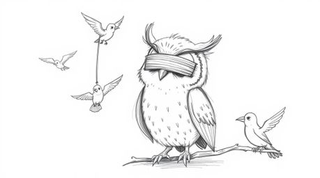 A heartwarming hand-drawn sketch in the style of Pixar depicts a wise, blind owl with soft, rounded features guiding birds in