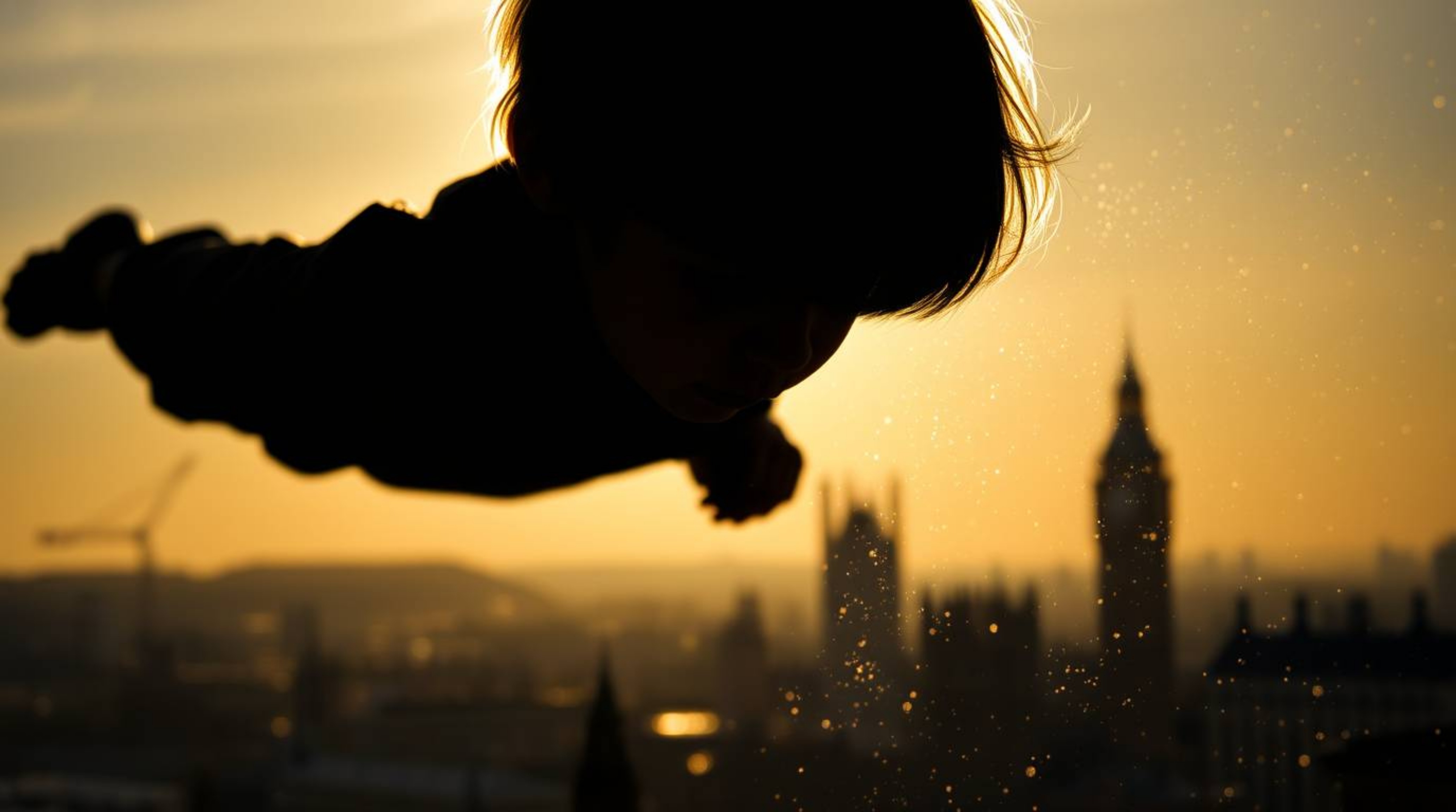 An extreme macro close-up reveals a silhouetted young boy, seemingly flying with pixie dust above a barely visible London.  T
