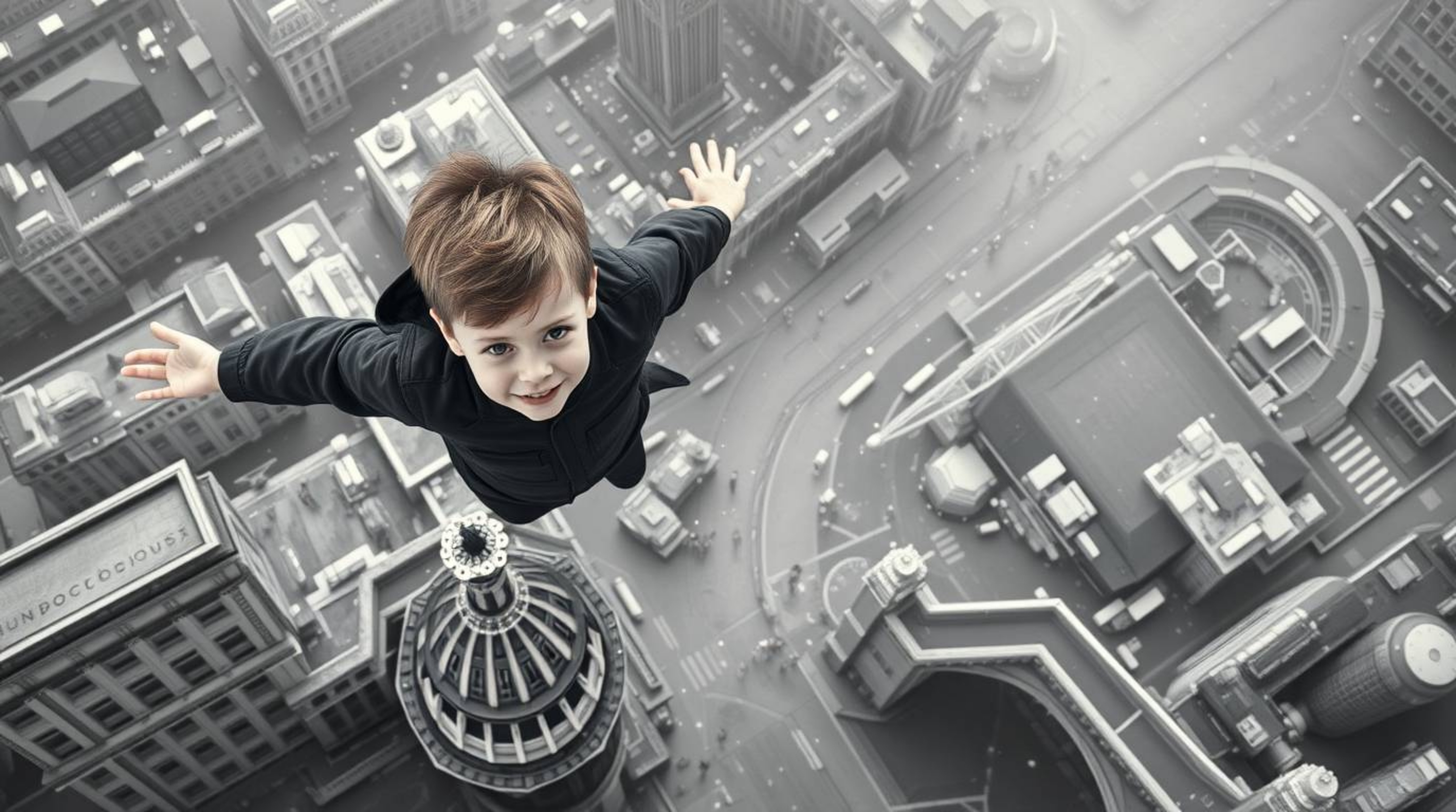 Experience a breathtaking overhead bird's-eye view of a young boy soaring above a classic yet futuristic black and white Lond