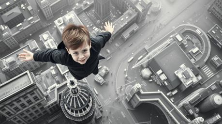 Experience a breathtaking overhead bird's-eye view of a young boy soaring above a classic yet futuristic black and white Lond