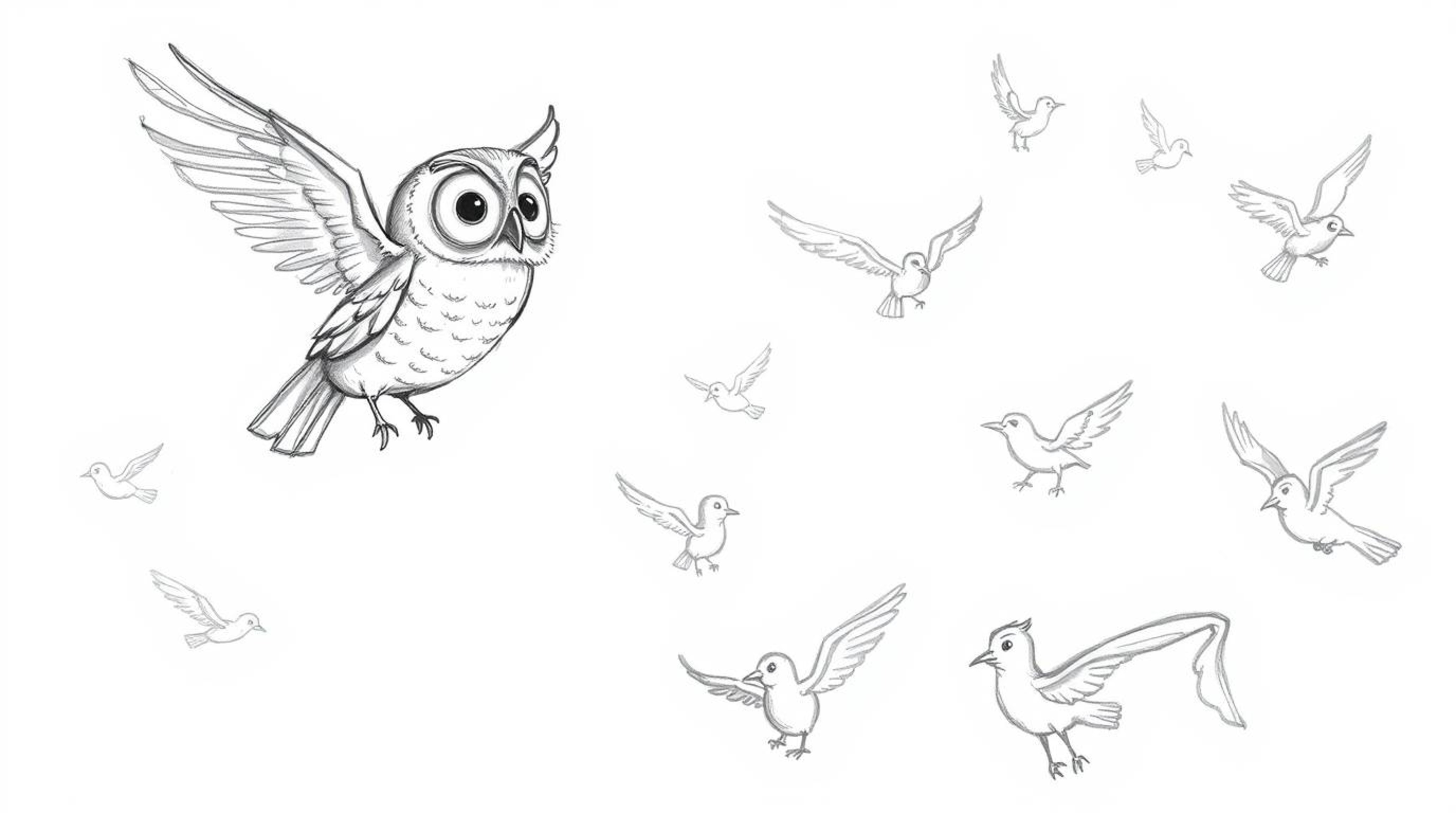 A charming Pixar-esque hand-drawn sketch depicts a wise, blind owl with subtle wrinkles, guiding a group of birds in the art 