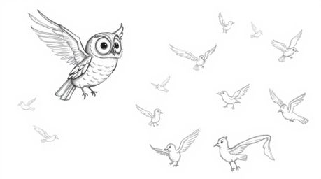 A charming Pixar-esque hand-drawn sketch depicts a wise, blind owl with subtle wrinkles, guiding a group of birds in the art 