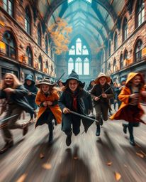 Immerse yourself in the vibrant energy of a magical school with this high-resolution stock photo. Witness young wizards in dy