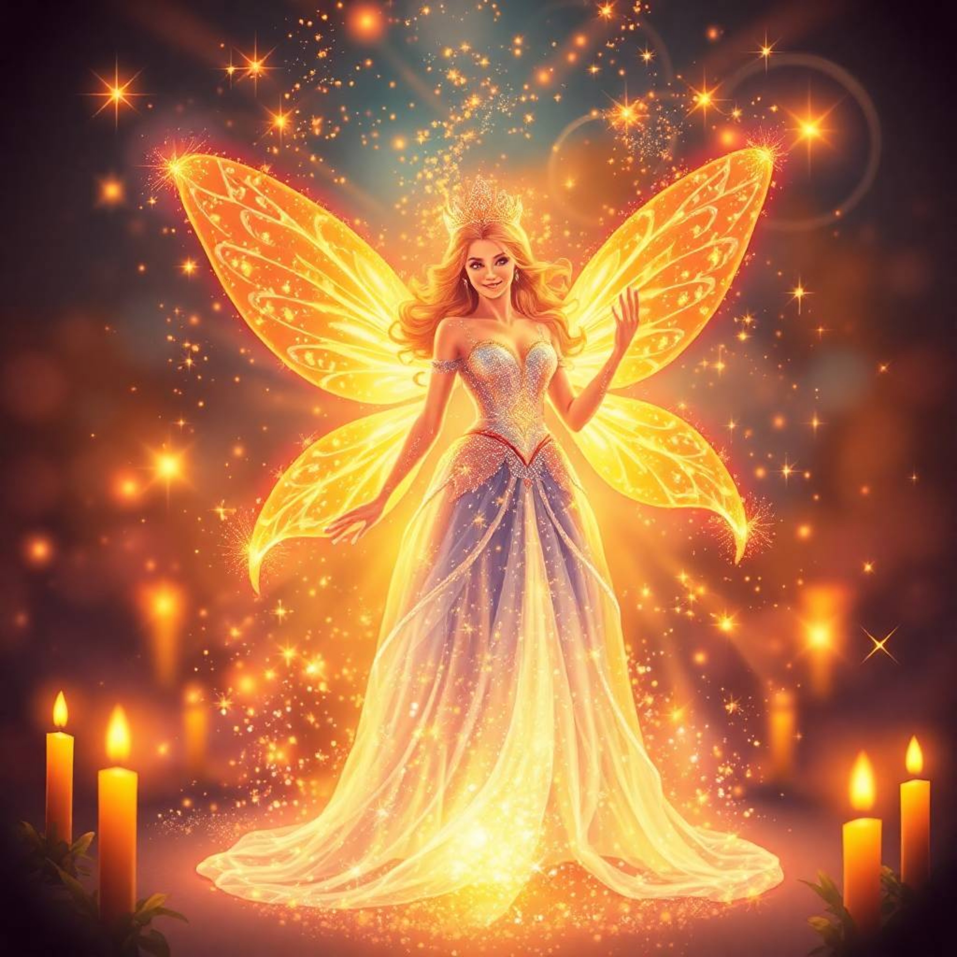 A captivating scene unfolds as a fairy godmother emerges in a swirl of warm, vibrant sparkles, bathed in the flickering light