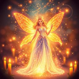 A captivating scene unfolds as a fairy godmother emerges in a swirl of warm, vibrant sparkles, bathed in the flickering light
