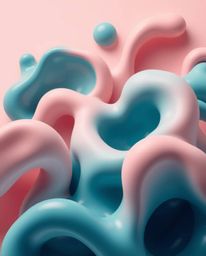 Explore a captivating high-angle illustration showcasing abstract 3D liquid forms in rich deep teal and pastel colors.  Bathe
