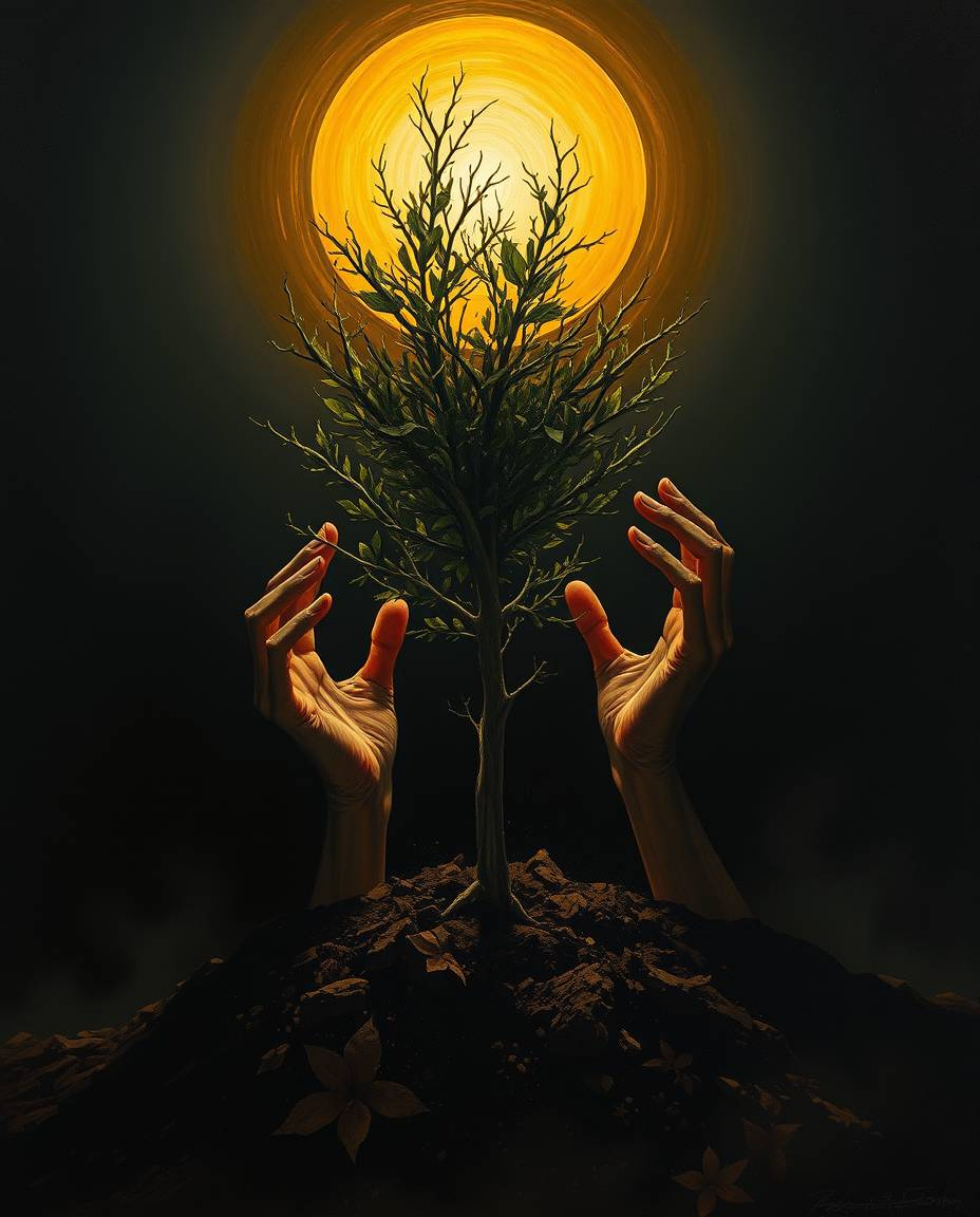 A dark painting utilizing strong, hard light creates an unsettling and eerie atmosphere, portraying hands delicately planting
