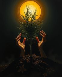 A dark painting utilizing strong, hard light creates an unsettling and eerie atmosphere, portraying hands delicately planting