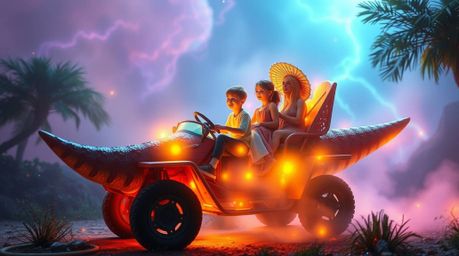 An ethereal and spiritual scene depicts a prehistoric family joyfully riding in their dinosaur car, rendered in electric, viv