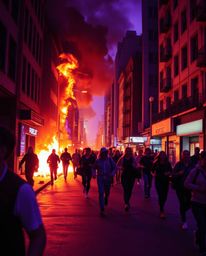 Candid street photography captures the raw and chaotic energy of a city engulfed in flames, with people fleeing in all direct