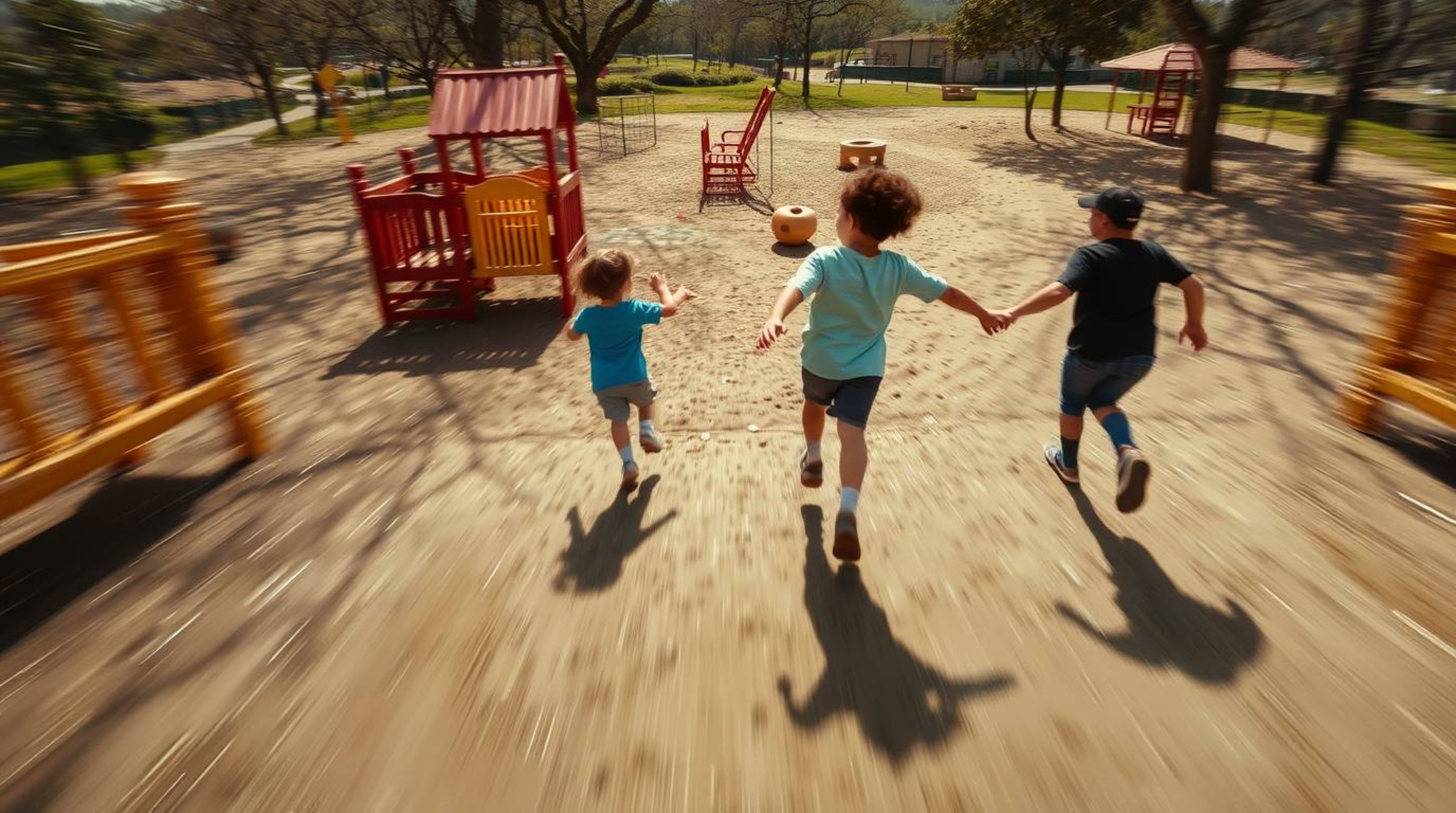 Experience a captivating scene of a dramatic slow-motion run through a playground, meticulously rendered in the style of a cl