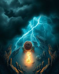 An overhead bird's-eye view captures a child's enchanting discovery of a magical portal during a dramatic thunderstorm. Dark,