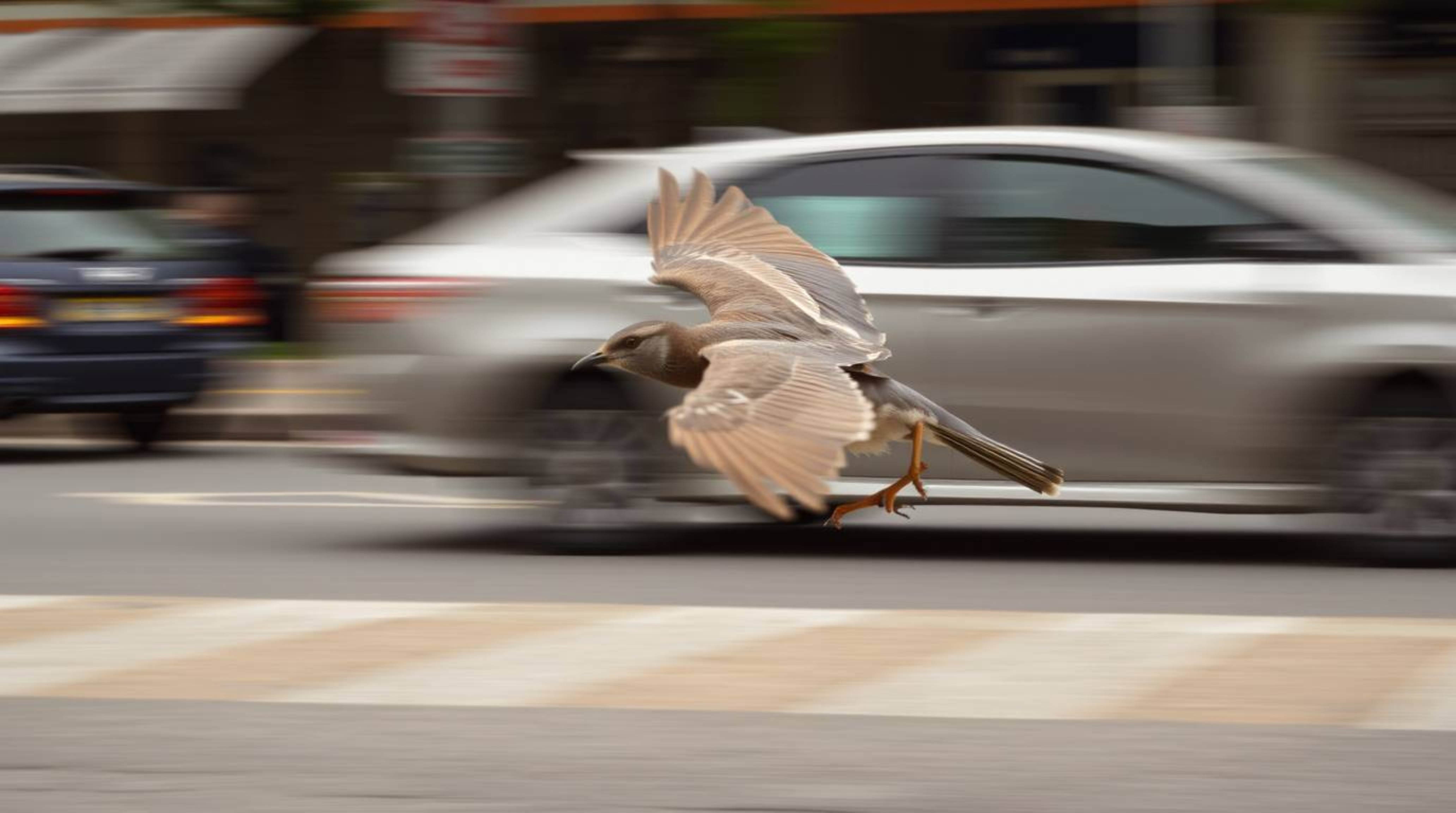 A captivating candid street photography shot captures a bird in breathtaking motion, elegantly zooming past bustling urban tr