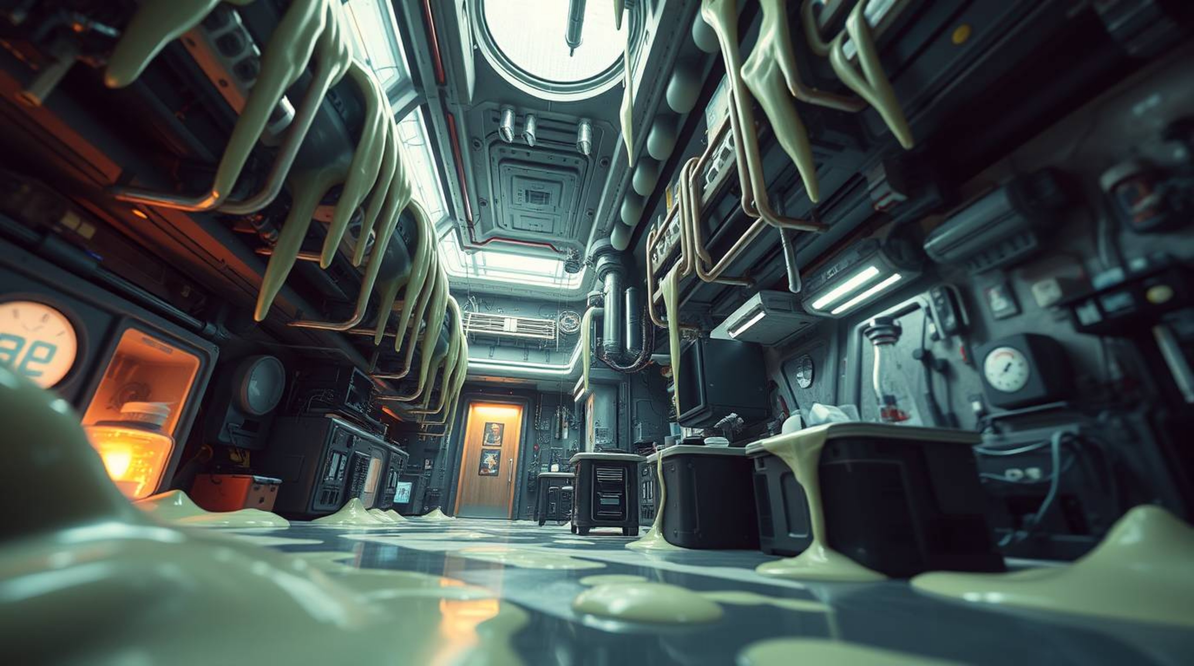 Experience a captivating low-angle perspective of a futuristic sci-fi lab, drenched in vibrant slime and advanced technology.