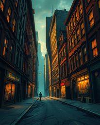 This artwork depicts a surreal street scene where buildings contort and twist under the eerie glow of a warm golden hour. The