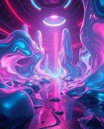 Experience a breathtaking journey into a hyperrealistic sci-fi environment featuring surreal 3D fluid shapes that resemble me