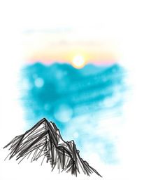 This is a hand-drawn sketch rendered in a rich, deep teal, depicting a sunset from a high alpine peak. The artwork features r