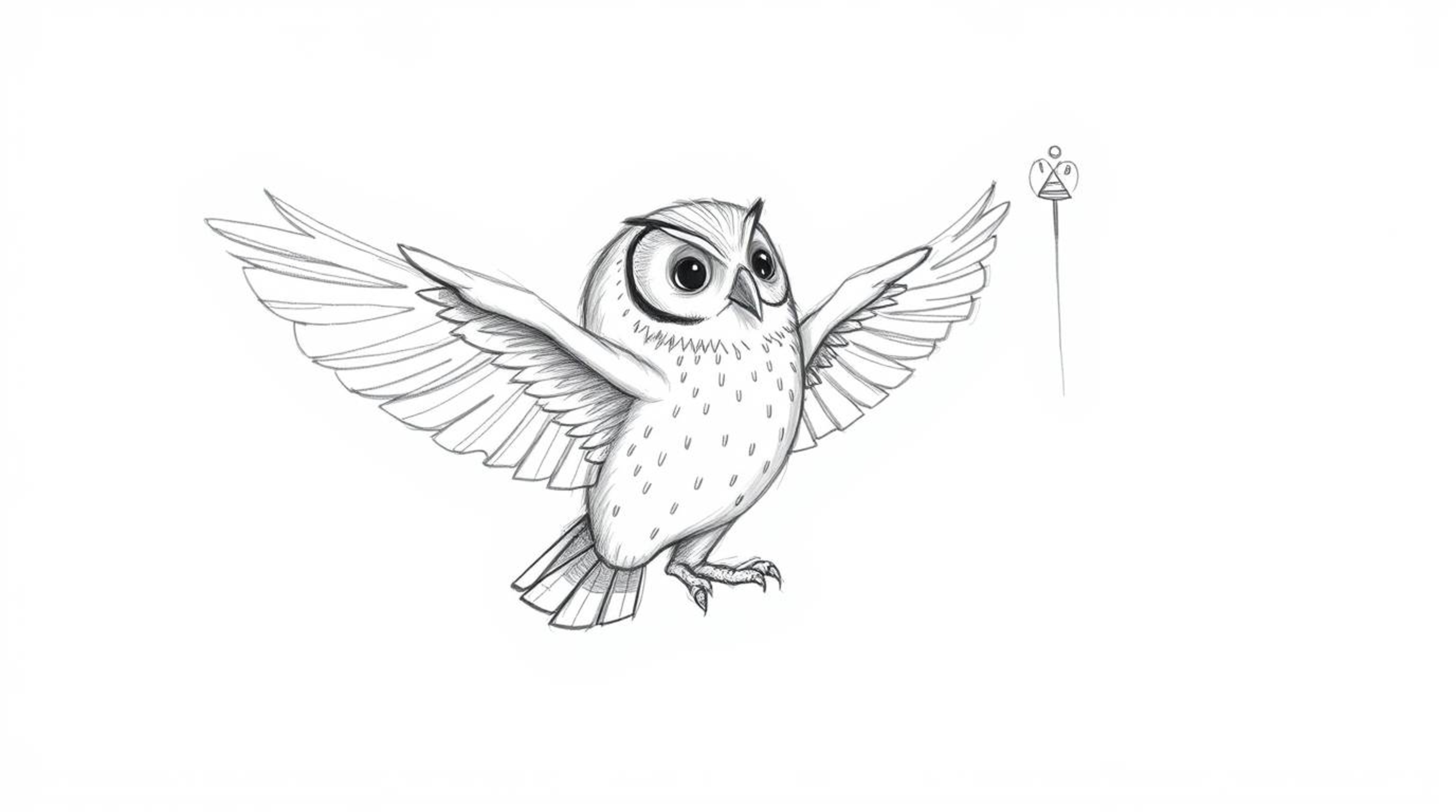 A captivating hand-drawn sketch in the style of Pixar portrays a blind owl with gentle, textured pencil strokes, set against 