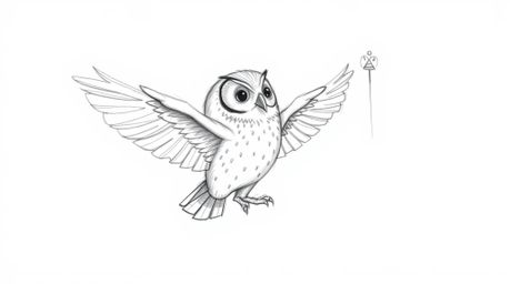 A captivating hand-drawn sketch in the style of Pixar portrays a blind owl with gentle, textured pencil strokes, set against 