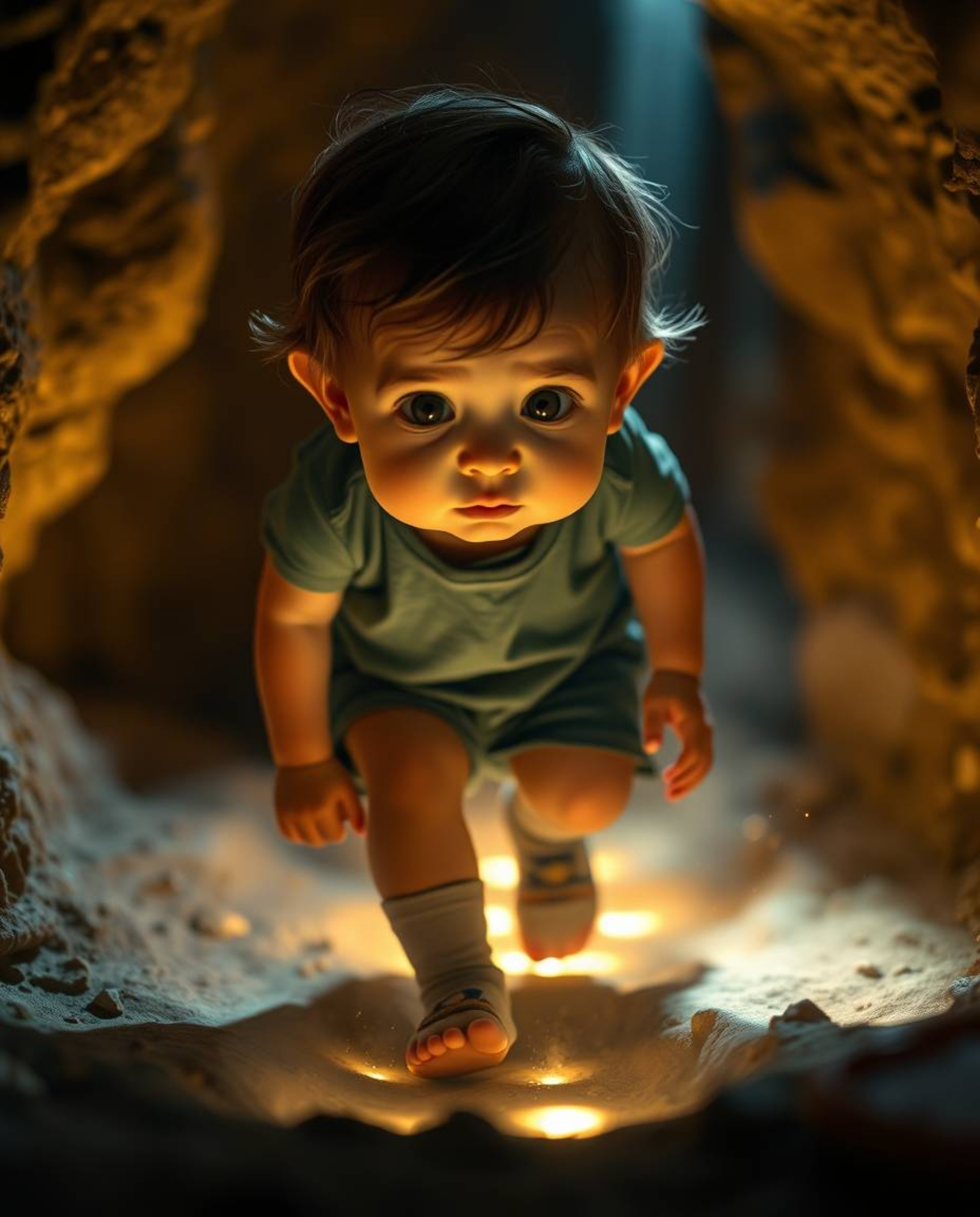 High-resolution stock photo depicting a light-skinned child with a curious expression following glowing footsteps into a cave