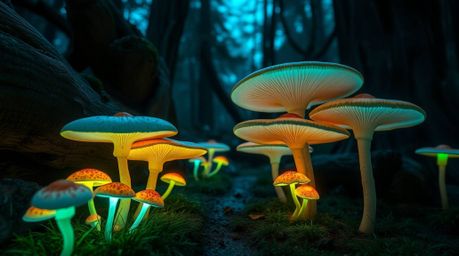 A precise architectural color photograph capturing the ethereal beauty of glowing bioluminescent mushrooms within a vintage-s
