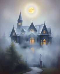 A classic oil painting captures a fog-covered Victorian mansion bathed in soft moonlight, creating a dreamy and ethereal atmo