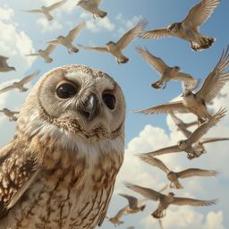 A heartwarming Pixar-style photograph depicts a wise, blind owl teaching diverse birds to fly.  Rendered with meticulous deta