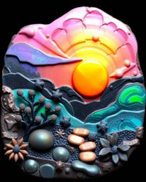 Discover a serene Zen garden at sunset, uniquely interpreted through sculptural clay art. This piece features stunning irides